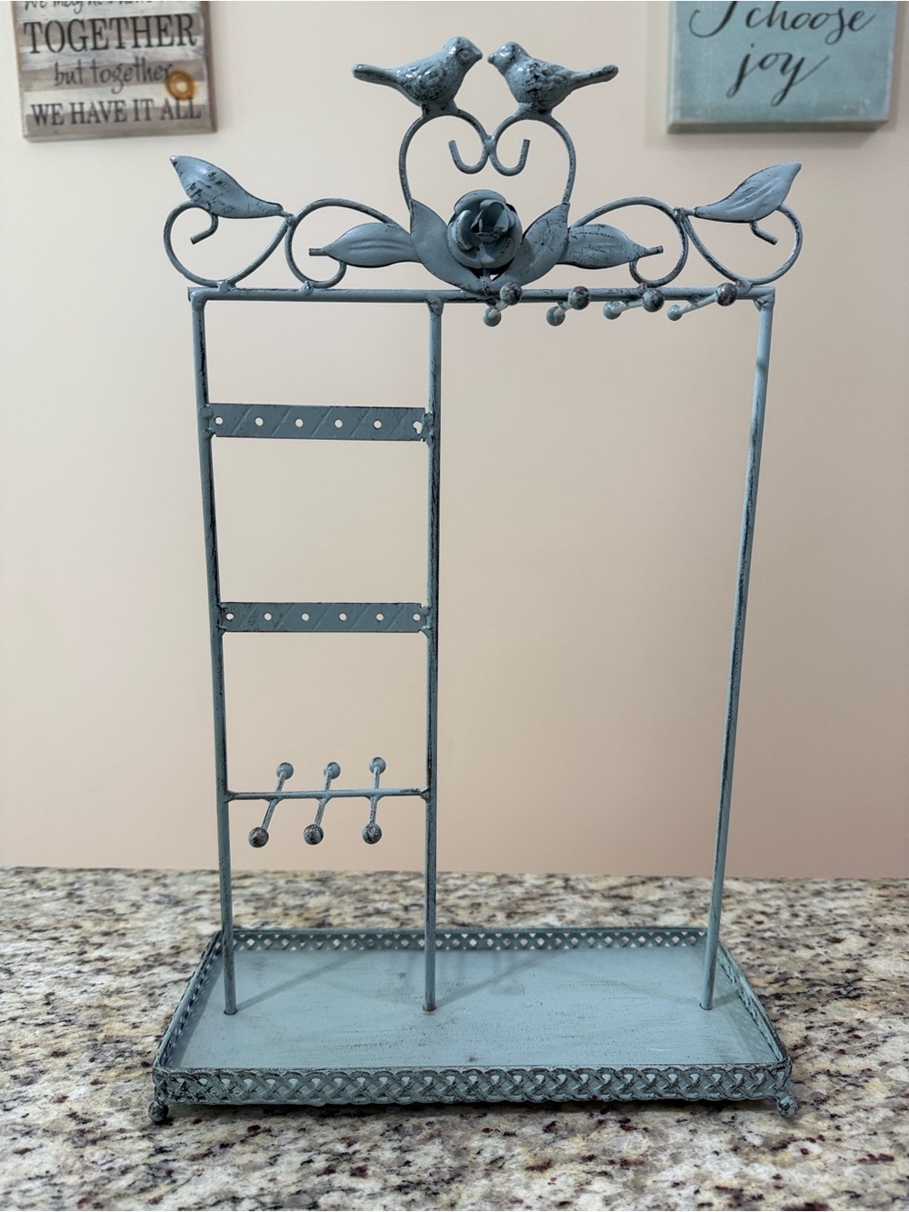 Jewelry Organizer Stand Distressed Blue Metal Necklace Holder Earring Display